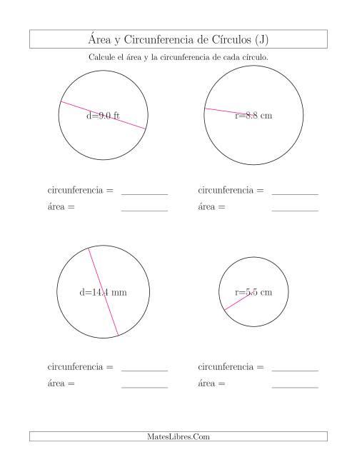 La hoja de ejercicios de Calcular la Circunferencia y el Área de Círculos (J)
