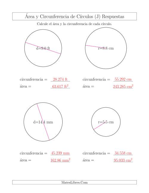 La hoja de ejercicios de Calcular la Circunferencia y el Área de Círculos (J) Página 2