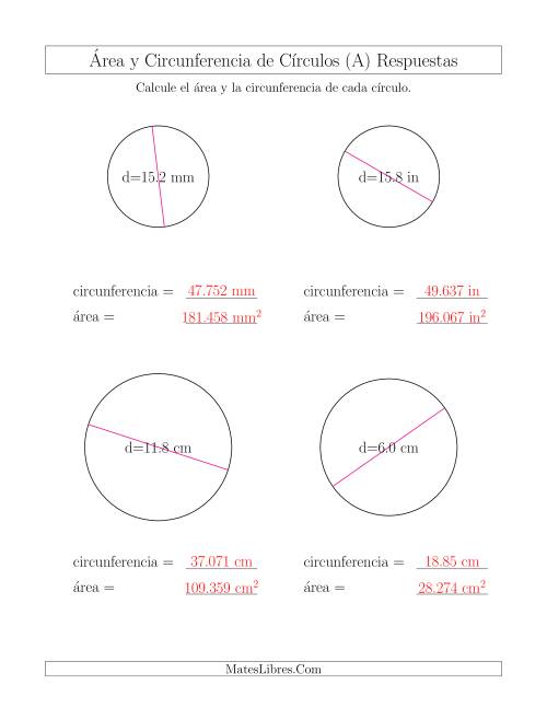 La hoja de ejercicios de Calcular la Circunferencia y el Área de Círculos a Partir del Diámetro (A) Página 2
