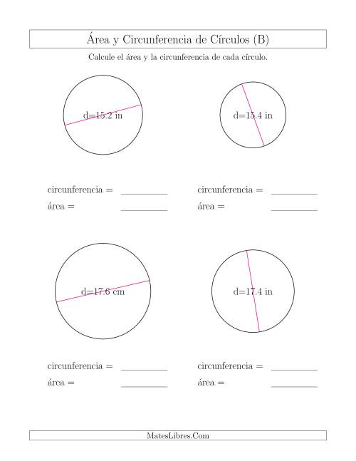 La hoja de ejercicios de Calcular la Circunferencia y el Área de Círculos a Partir del Diámetro (B)
