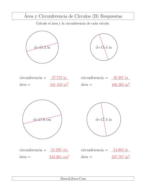 La hoja de ejercicios de Calcular la Circunferencia y el Área de Círculos a Partir del Diámetro (B) Página 2