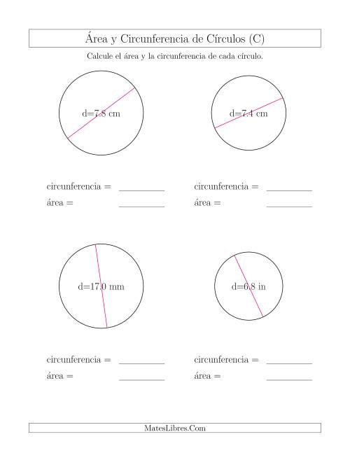 La hoja de ejercicios de Calcular la Circunferencia y el Área de Círculos a Partir del Diámetro (C)