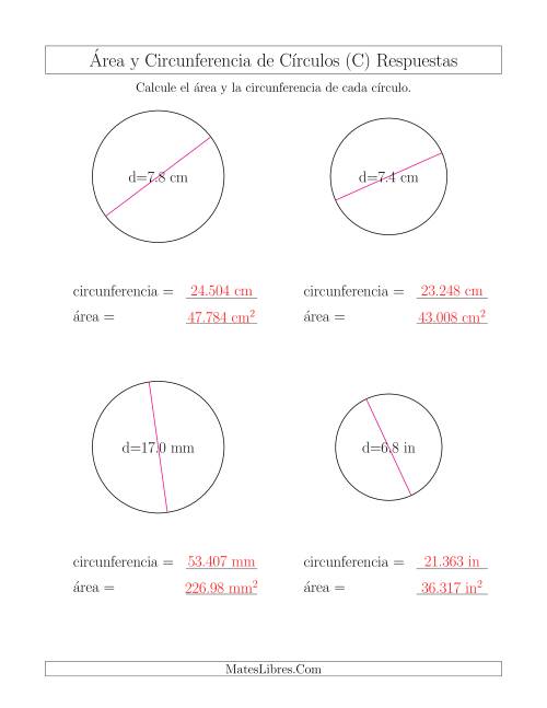 La hoja de ejercicios de Calcular la Circunferencia y el Área de Círculos a Partir del Diámetro (C) Página 2