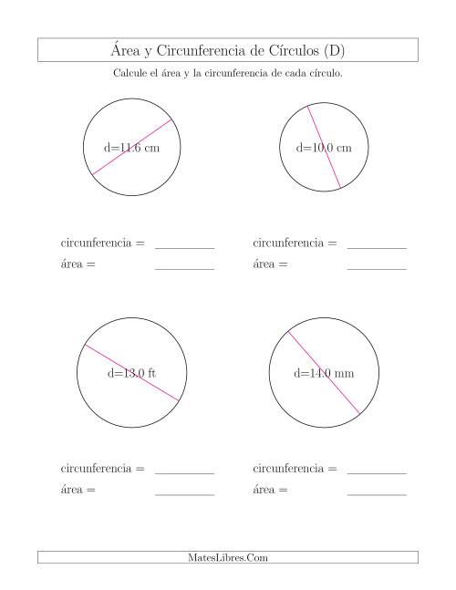 La hoja de ejercicios de Calcular la Circunferencia y el Área de Círculos a Partir del Diámetro (D)