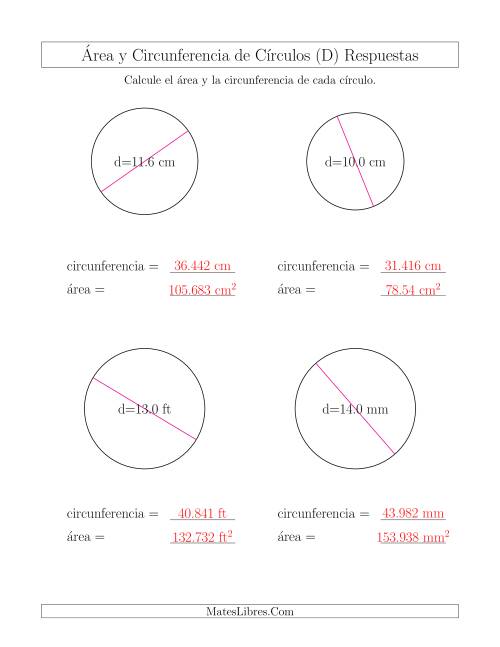 La hoja de ejercicios de Calcular la Circunferencia y el Área de Círculos a Partir del Diámetro (D) Página 2