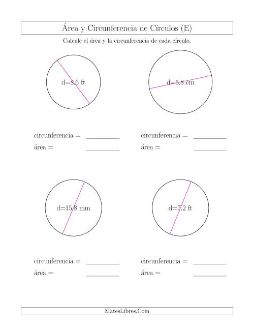 La hoja de ejercicios de Calcular la Circunferencia y el Área de Círculos a Partir del Diámetro (E)