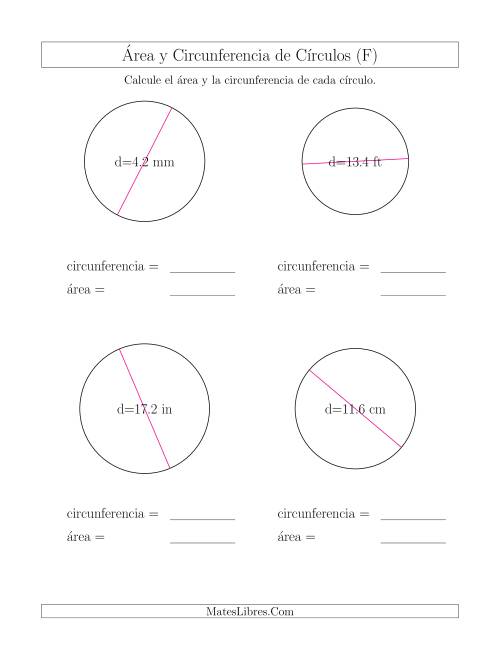 La hoja de ejercicios de Calcular la Circunferencia y el Área de Círculos a Partir del Diámetro (F)