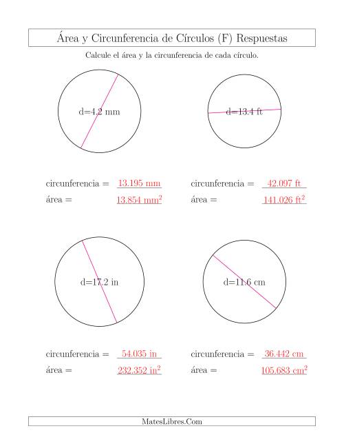 La hoja de ejercicios de Calcular la Circunferencia y el Área de Círculos a Partir del Diámetro (F) Página 2
