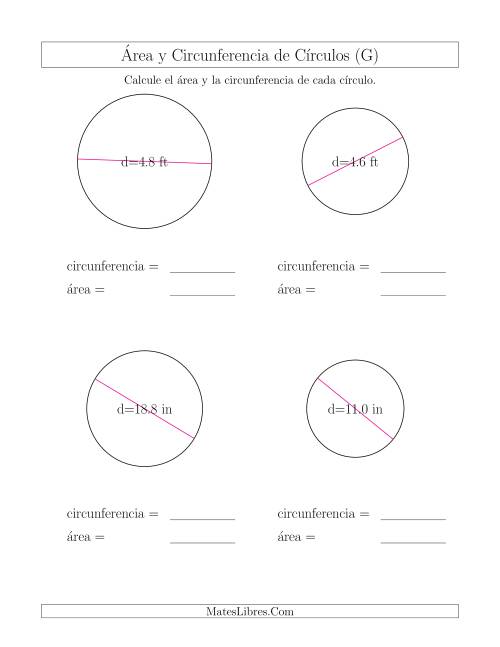 La hoja de ejercicios de Calcular la Circunferencia y el Área de Círculos a Partir del Diámetro (G)