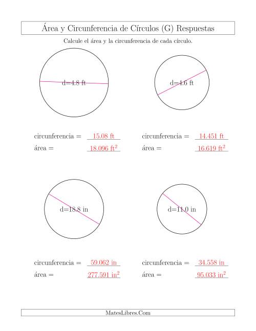 La hoja de ejercicios de Calcular la Circunferencia y el Área de Círculos a Partir del Diámetro (G) Página 2