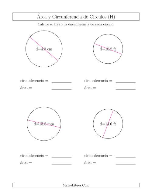 La hoja de ejercicios de Calcular la Circunferencia y el Área de Círculos a Partir del Diámetro (H)