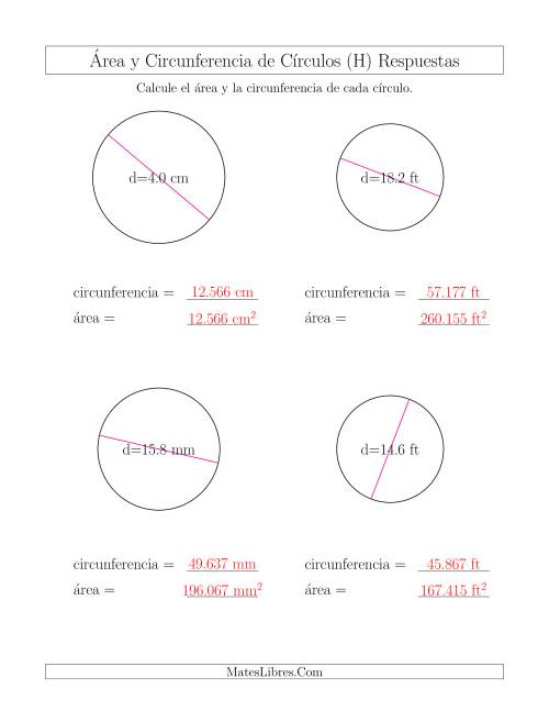 La hoja de ejercicios de Calcular la Circunferencia y el Área de Círculos a Partir del Diámetro (H) Página 2