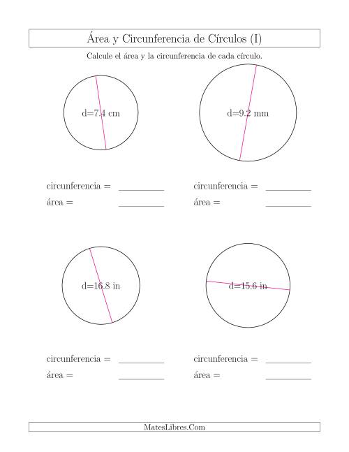 La hoja de ejercicios de Calcular la Circunferencia y el Área de Círculos a Partir del Diámetro (I)