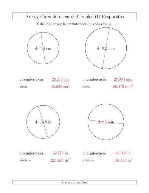 La hoja de ejercicios de Calcular la Circunferencia y el Área de Círculos a Partir del Diámetro (I) Página 2