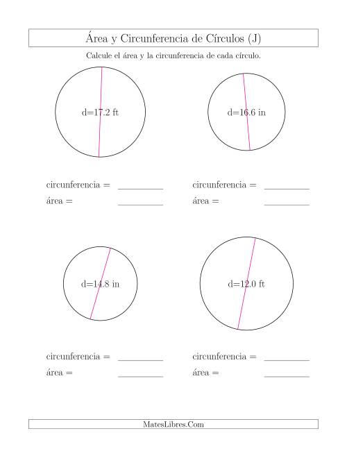 La hoja de ejercicios de Calcular la Circunferencia y el Área de Círculos a Partir del Diámetro (J)