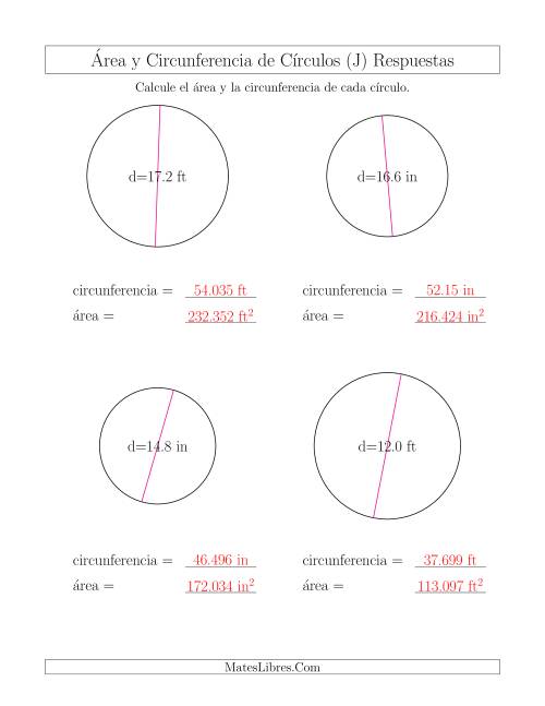 La hoja de ejercicios de Calcular la Circunferencia y el Área de Círculos a Partir del Diámetro (J) Página 2