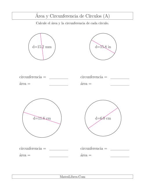 La hoja de ejercicios de Calcular la Circunferencia y el Área de Círculos a Partir del Diámetro (Todas)