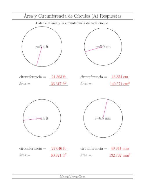 La hoja de ejercicios de Calcular la Circunferencia y el Área de Círculos a Partir del Radio (A) Página 2