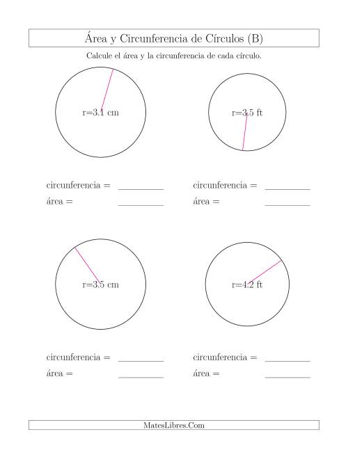 La hoja de ejercicios de Calcular la Circunferencia y el Área de Círculos a Partir del Radio (B)