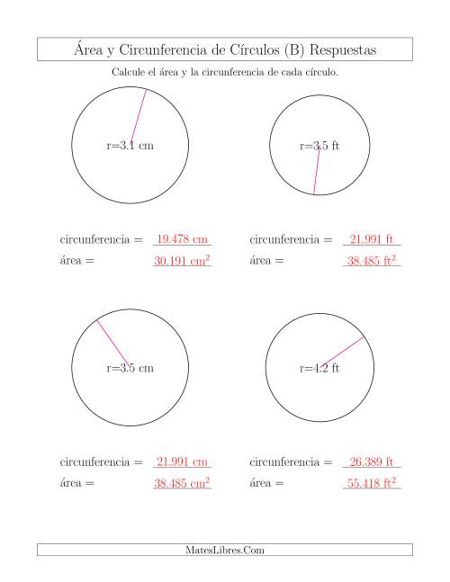 La hoja de ejercicios de Calcular la Circunferencia y el Área de Círculos a Partir del Radio (B) Página 2
