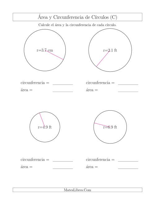 La hoja de ejercicios de Calcular la Circunferencia y el Área de Círculos a Partir del Radio (C)