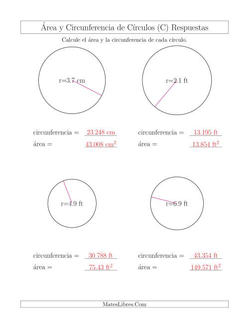 La hoja de ejercicios de Calcular la Circunferencia y el Área de Círculos a Partir del Radio (C) Página 2