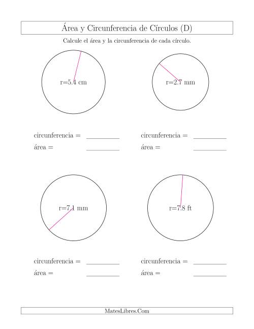 La hoja de ejercicios de Calcular la Circunferencia y el Área de Círculos a Partir del Radio (D)