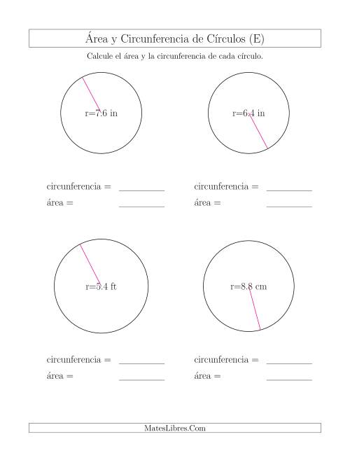 La hoja de ejercicios de Calcular la Circunferencia y el Área de Círculos a Partir del Radio (E)