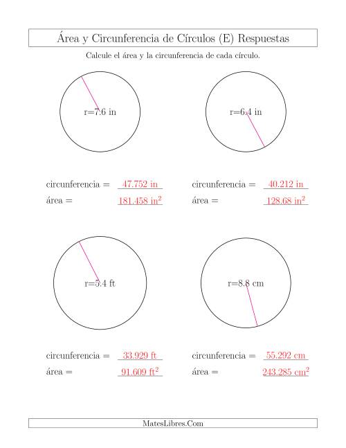 La hoja de ejercicios de Calcular la Circunferencia y el Área de Círculos a Partir del Radio (E) Página 2