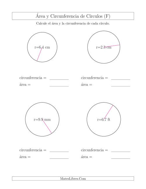La hoja de ejercicios de Calcular la Circunferencia y el Área de Círculos a Partir del Radio (F)