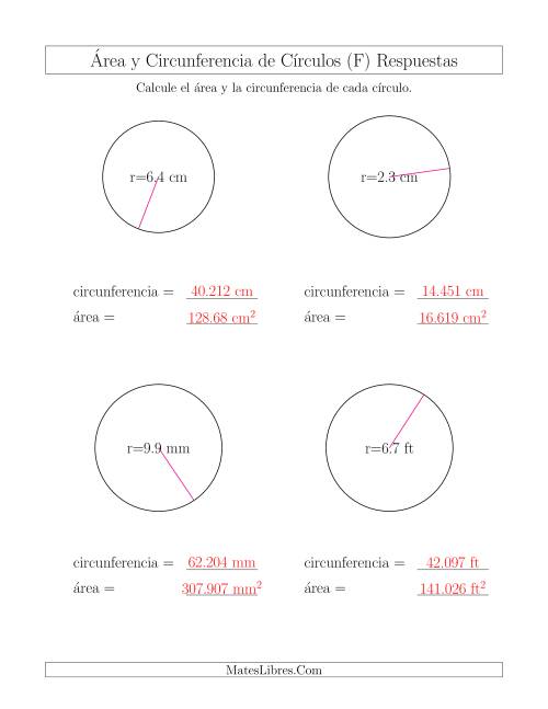 La hoja de ejercicios de Calcular la Circunferencia y el Área de Círculos a Partir del Radio (F) Página 2