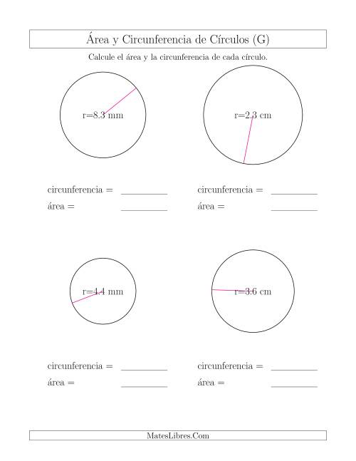 La hoja de ejercicios de Calcular la Circunferencia y el Área de Círculos a Partir del Radio (G)