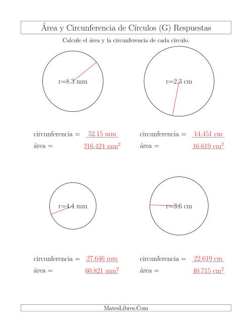 La hoja de ejercicios de Calcular la Circunferencia y el Área de Círculos a Partir del Radio (G) Página 2