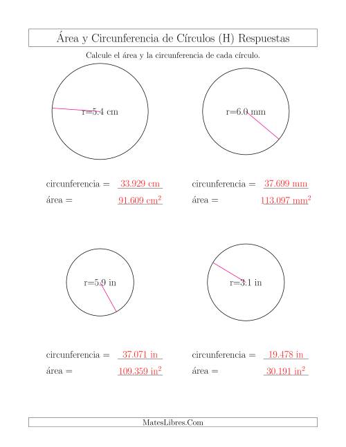 La hoja de ejercicios de Calcular la Circunferencia y el Área de Círculos a Partir del Radio (H) Página 2