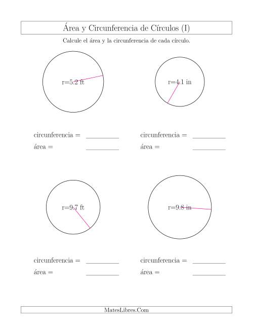 La hoja de ejercicios de Calcular la Circunferencia y el Área de Círculos a Partir del Radio (I)