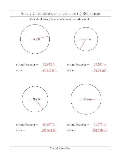 La hoja de ejercicios de Calcular la Circunferencia y el Área de Círculos a Partir del Radio (I) Página 2