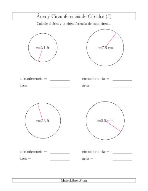 La hoja de ejercicios de Calcular la Circunferencia y el Área de Círculos a Partir del Radio (J)