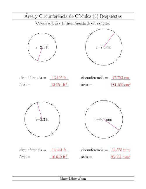 La hoja de ejercicios de Calcular la Circunferencia y el Área de Círculos a Partir del Radio (J) Página 2