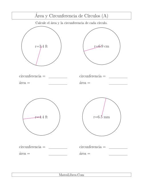 La hoja de ejercicios de Calcular la Circunferencia y el Área de Círculos a Partir del Radio (Todas)