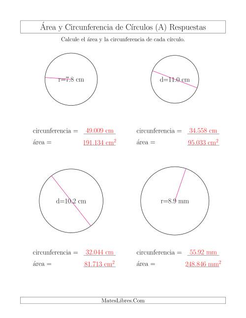 La hoja de ejercicios de Calcular la Circunferencia y el Área de Círculos (Todas) Página 2