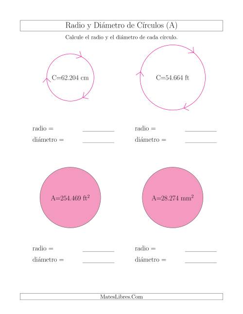 La hoja de ejercicios de Calcular el Radio y el Diámetro de Círculos (A)