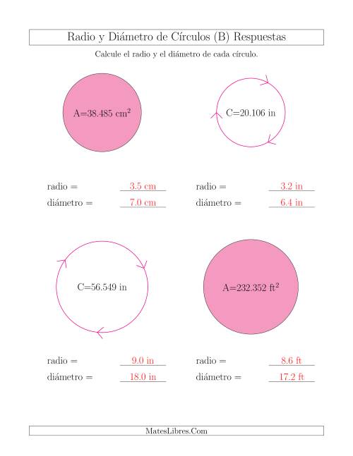 La hoja de ejercicios de Calcular el Radio y el Diámetro de Círculos (B) Página 2
