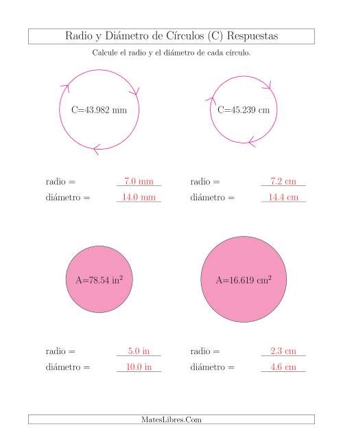 La hoja de ejercicios de Calcular el Radio y el Diámetro de Círculos (C) Página 2