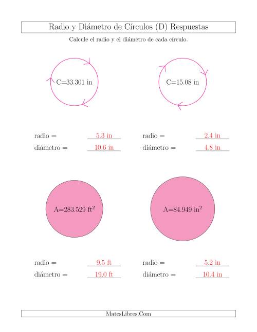 La hoja de ejercicios de Calcular el Radio y el Diámetro de Círculos (D) Página 2