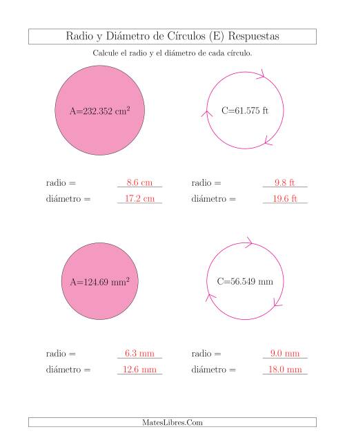La hoja de ejercicios de Calcular el Radio y el Diámetro de Círculos (E) Página 2