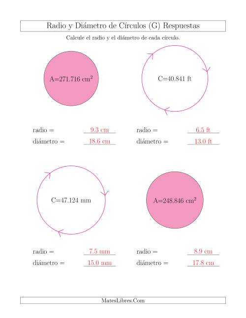 La hoja de ejercicios de Calcular el Radio y el Diámetro de Círculos (G) Página 2