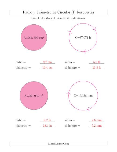 La hoja de ejercicios de Calcular el Radio y el Diámetro de Círculos (I) Página 2
