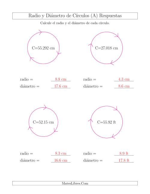 La hoja de ejercicios de Calcular el Radio y el Diámetro de Círculos a Partir de la Circunferencia (A) Página 2