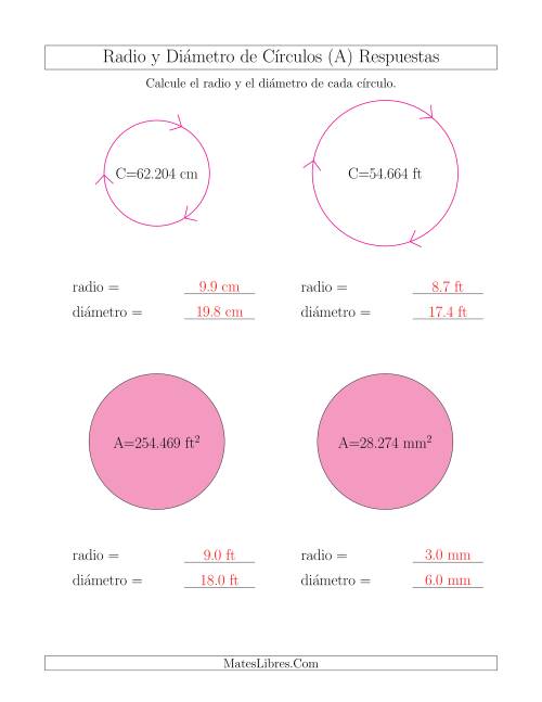 La hoja de ejercicios de Calcular el Radio y el Diámetro de Círculos (Todas) Página 2
