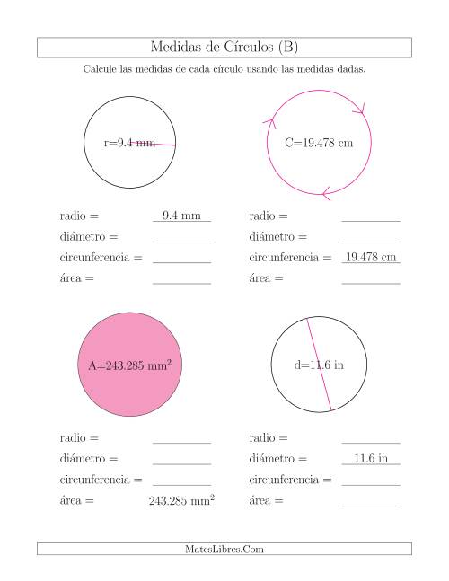 La hoja de ejercicios de Calcular Todas las Medidas de Círculos (B)